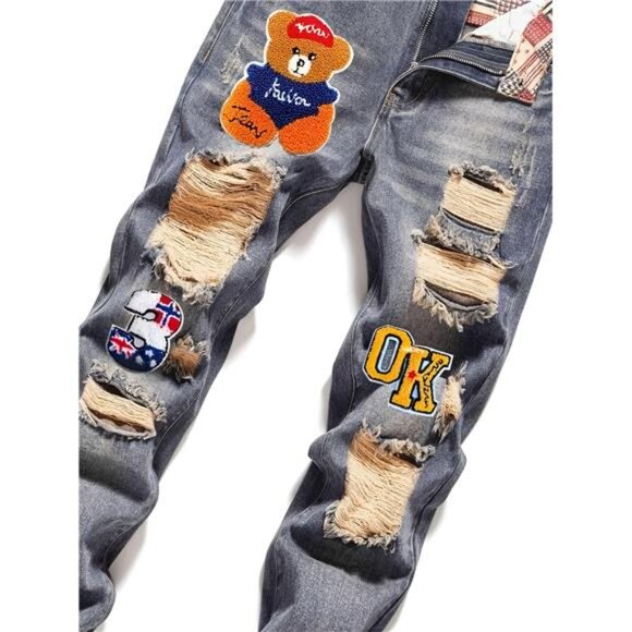 NWT Men's Distressed Jeans with Bear & Patchwork Details - Picture 3 of 7
